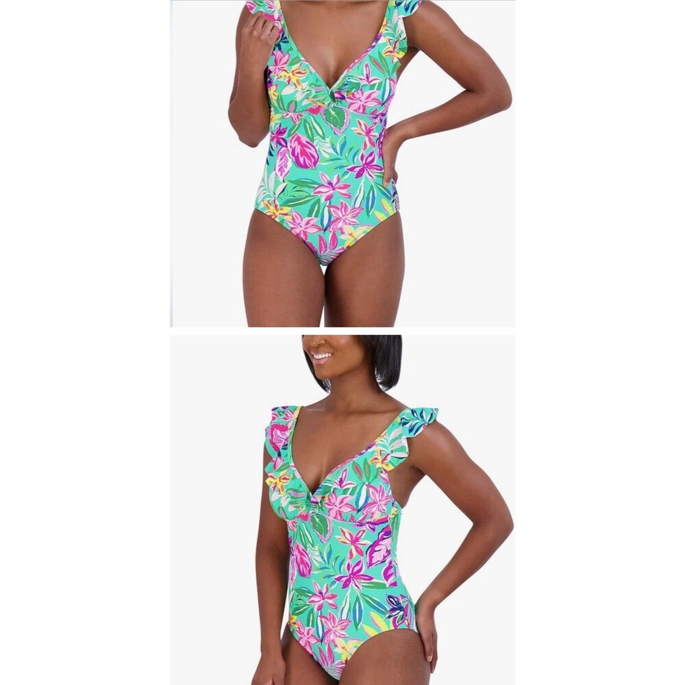 Stella Parker Floral Ruffle One Piece Swimsuit Tropical KL3TM16 NWT‎ $108 Small - Picture 2 of 8